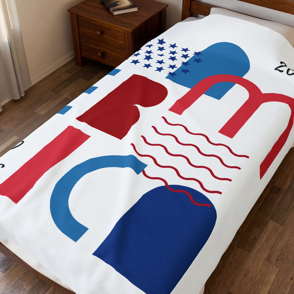 Americana Abstract Velveteen Plush Blanket — Red White Blue Modern Stars & Waves