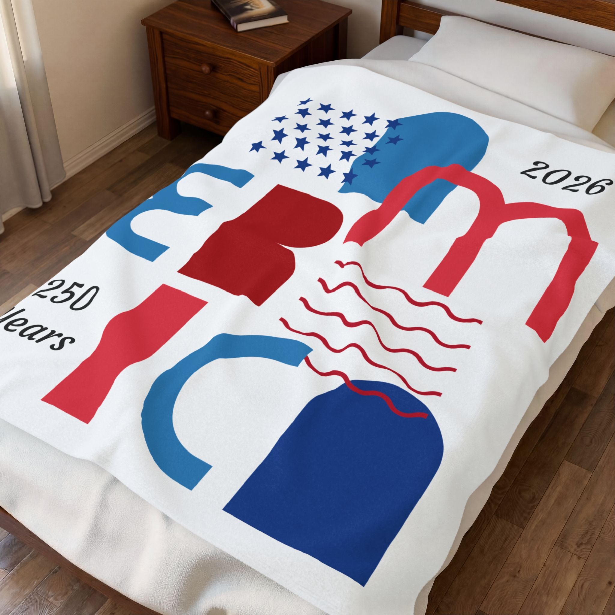 Americana Abstract Velveteen Plush Blanket — Red White Blue Modern Stars & Waves