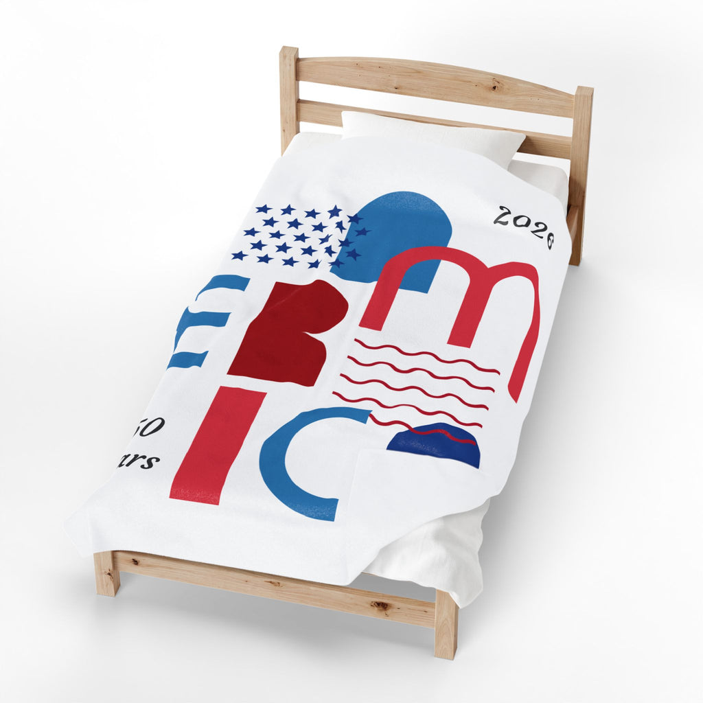 Americana Abstract Velveteen Plush Blanket — Red White Blue Modern Stars & Waves
