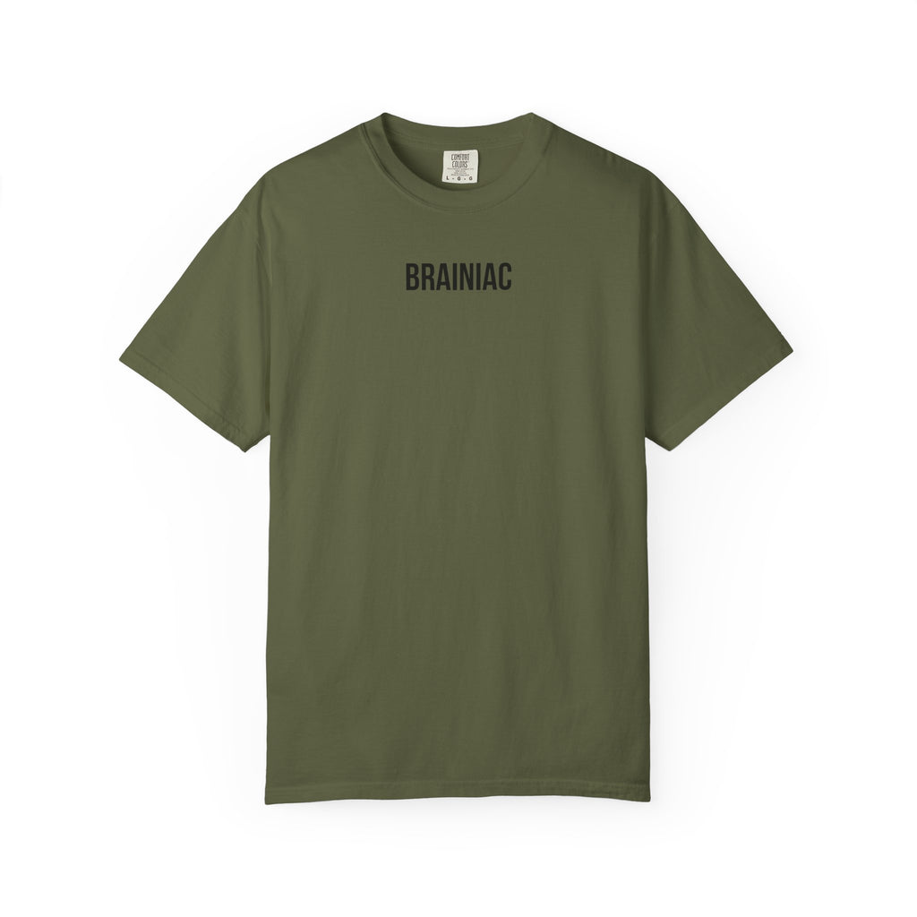 Green t-shirt with 'BRAINIAC' text on a white background