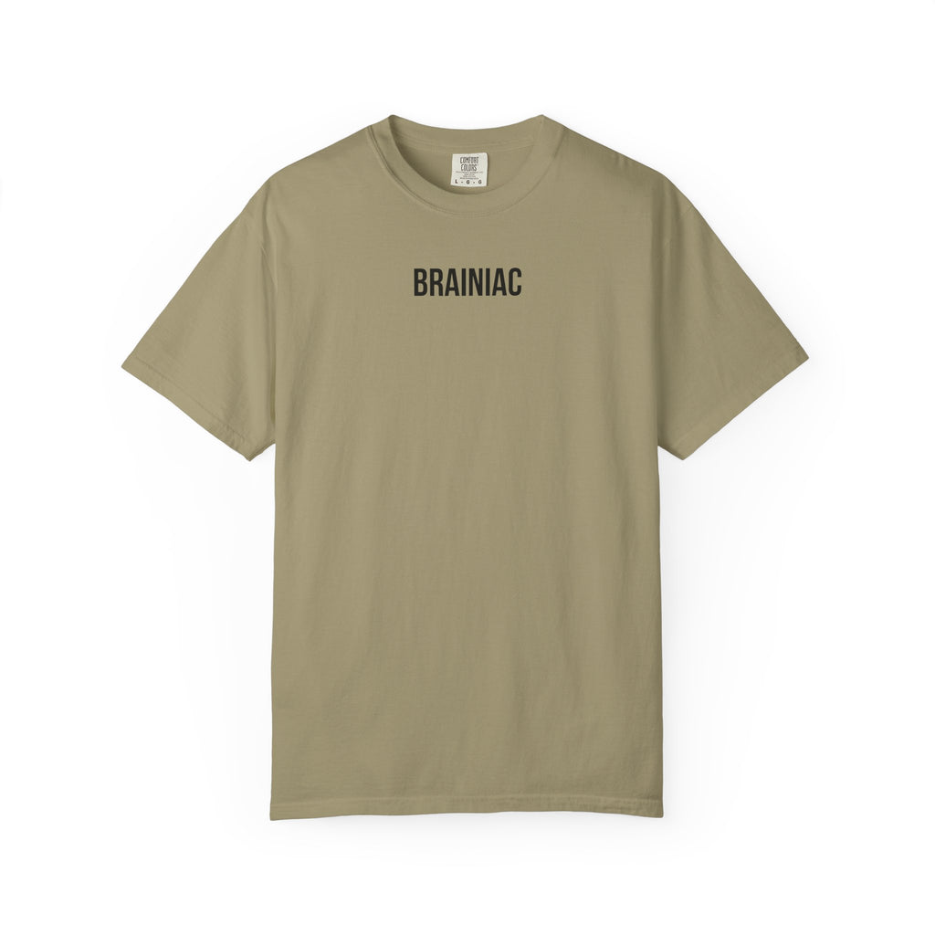 Khaki t-shirt with 'BRAINIAC' text on a white background