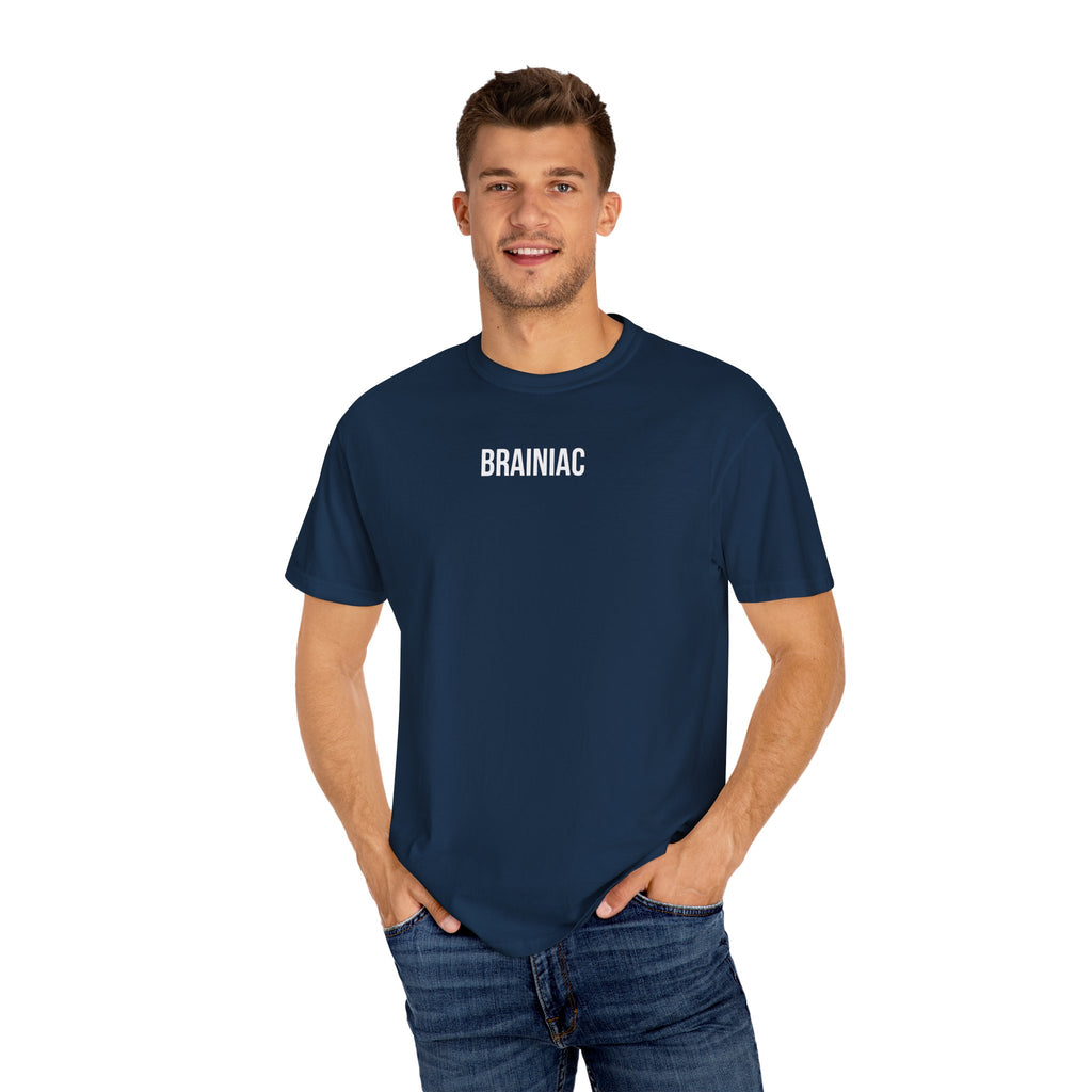 Man smiling wearing a navy blue t-shirt with 'BRAINIAC' text on a white background