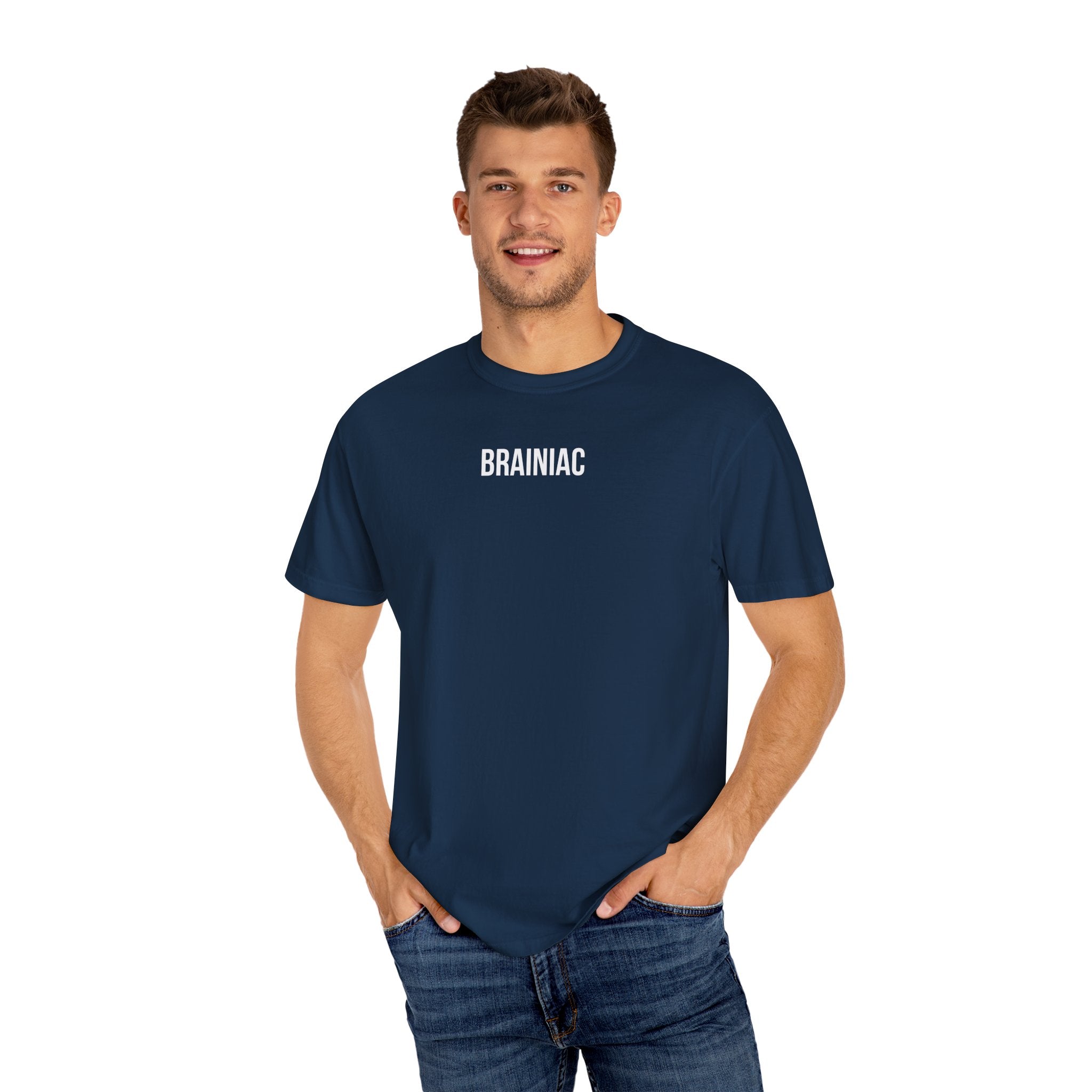 Man smiling wearing a navy blue t-shirt with 'BRAINIAC' text on a white background