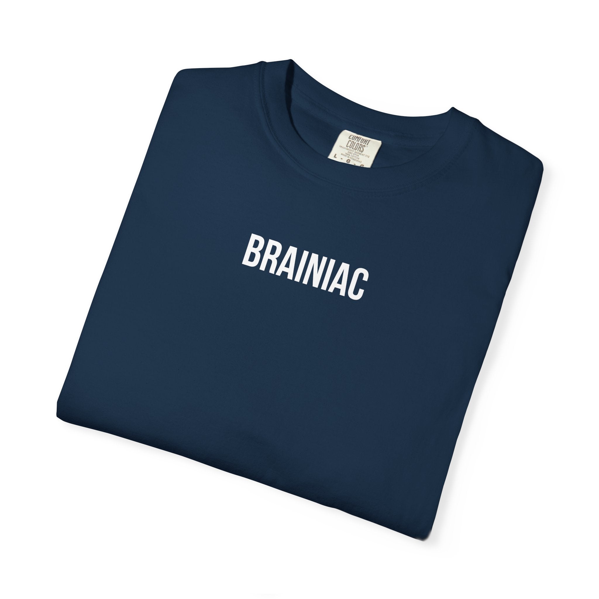 Folded navy blue t-shirt with 'BRAINIAC' text on a white background