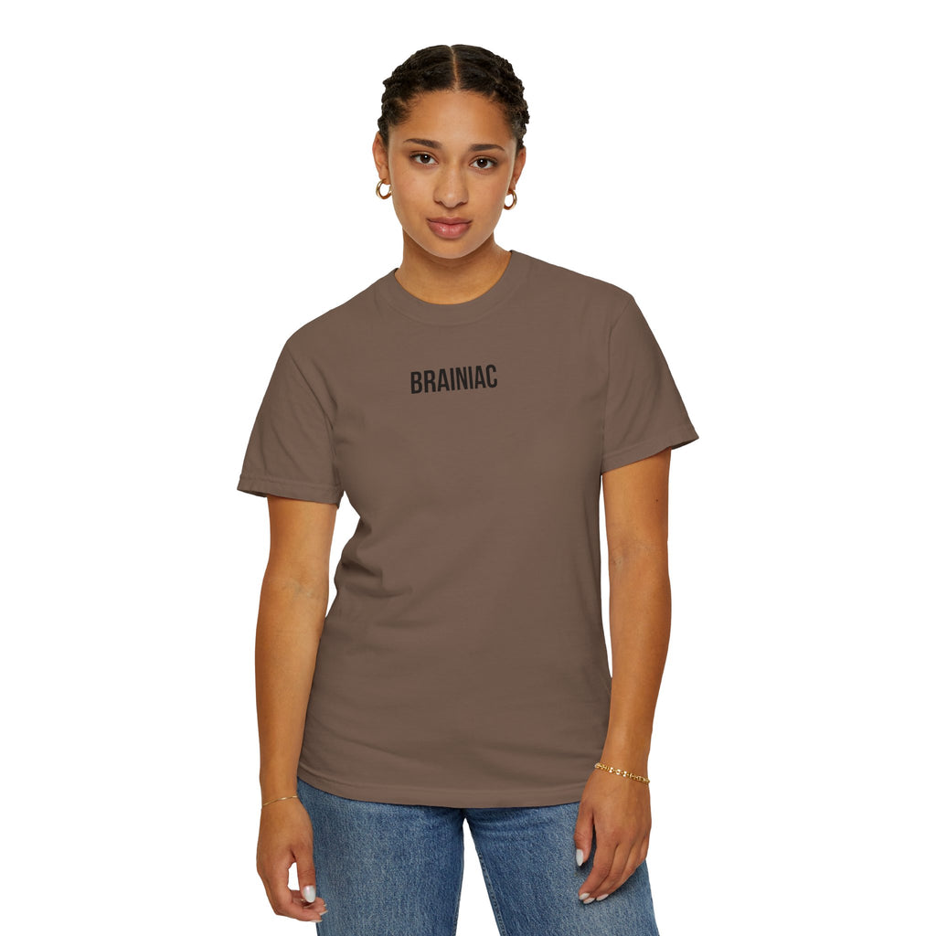 Woman wearing a brown t-shirt with 'BRAINIAC' text on a white background