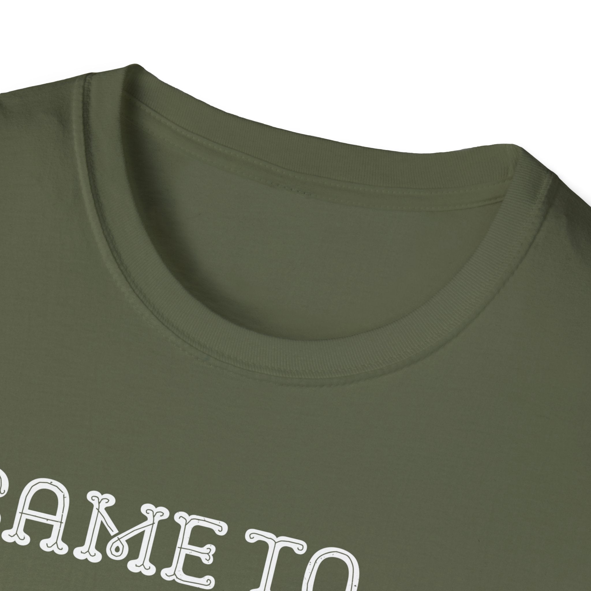 Close-up of a green t-shirt with white text on a white background
