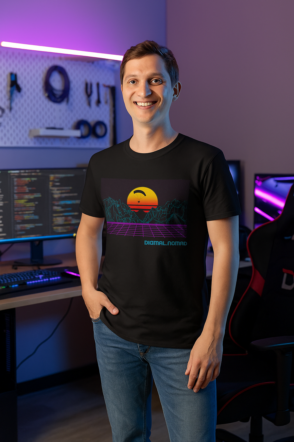 Man wearing a black t-shirt with a graphic design in a room with computer equipment.