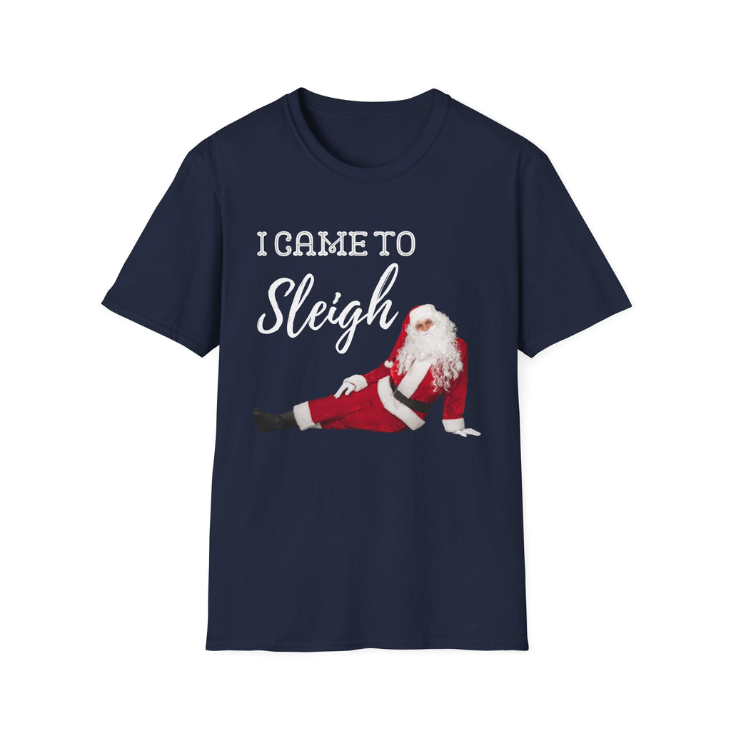 Navy blue t-shirt with Santa Claus graphic and text 'I Game to Sleigh' on a white background