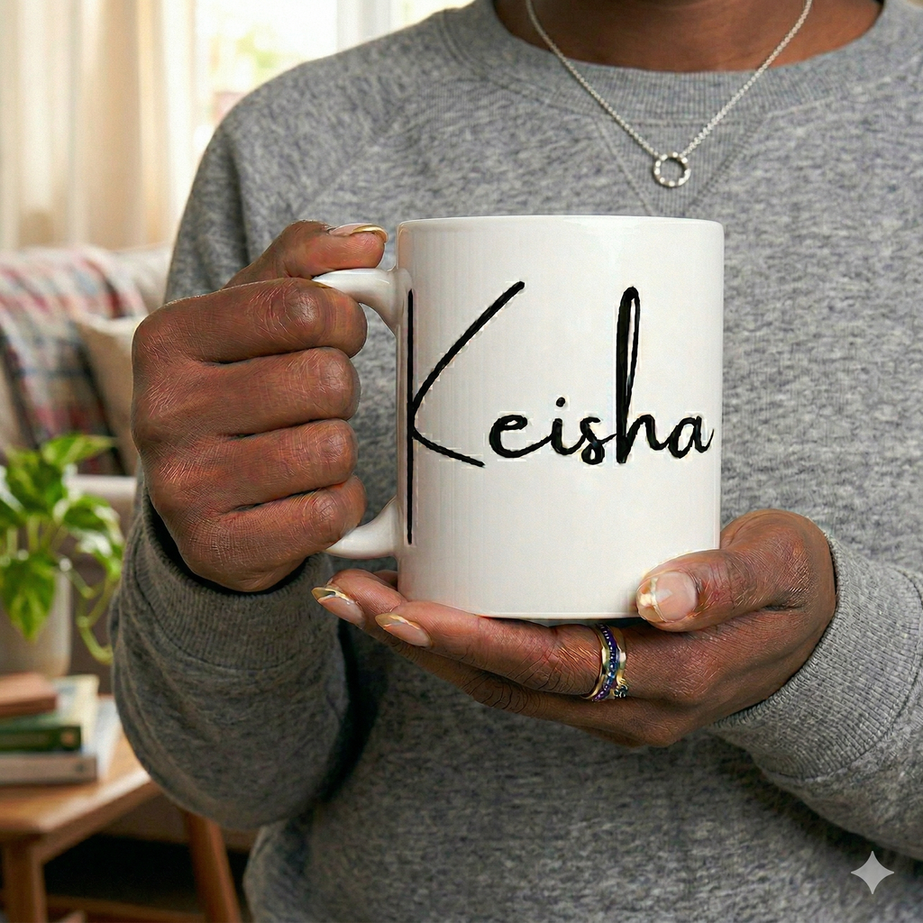 African American woman holding a white mug with 'Keisha' printed on it in black font in a casual home setting.