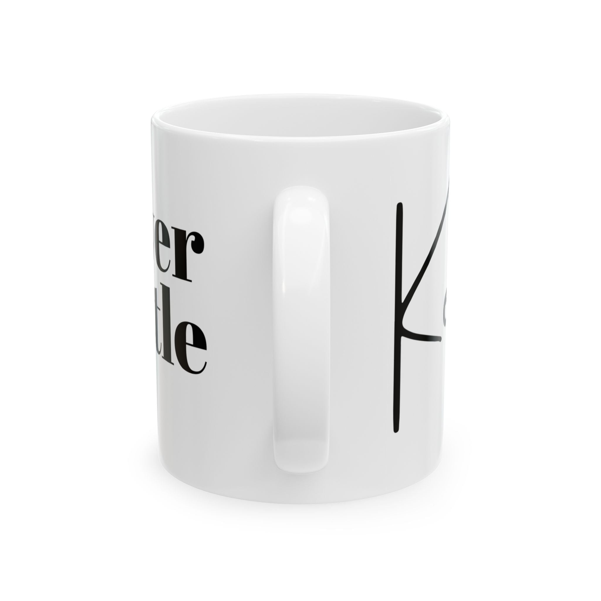 White mug with black text and design on a white background