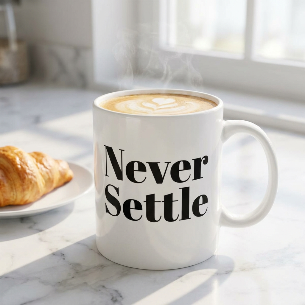 White mug with 'Never Settle' text on a marble surface with a croissant and coffee.