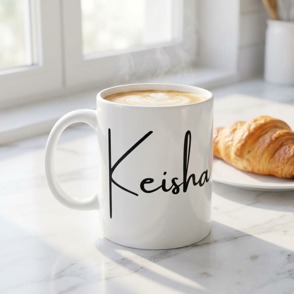 White mug with 'Keisha' printed on it, filled with a hot beverage, next to a croissant on a marble surface.