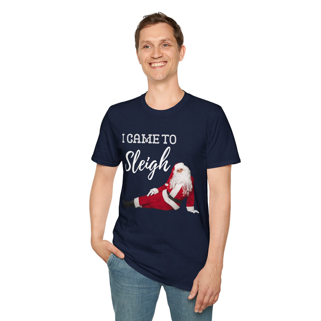 Man wearing a navy blue t-shirt with Santa Claus graphic and text on a white background